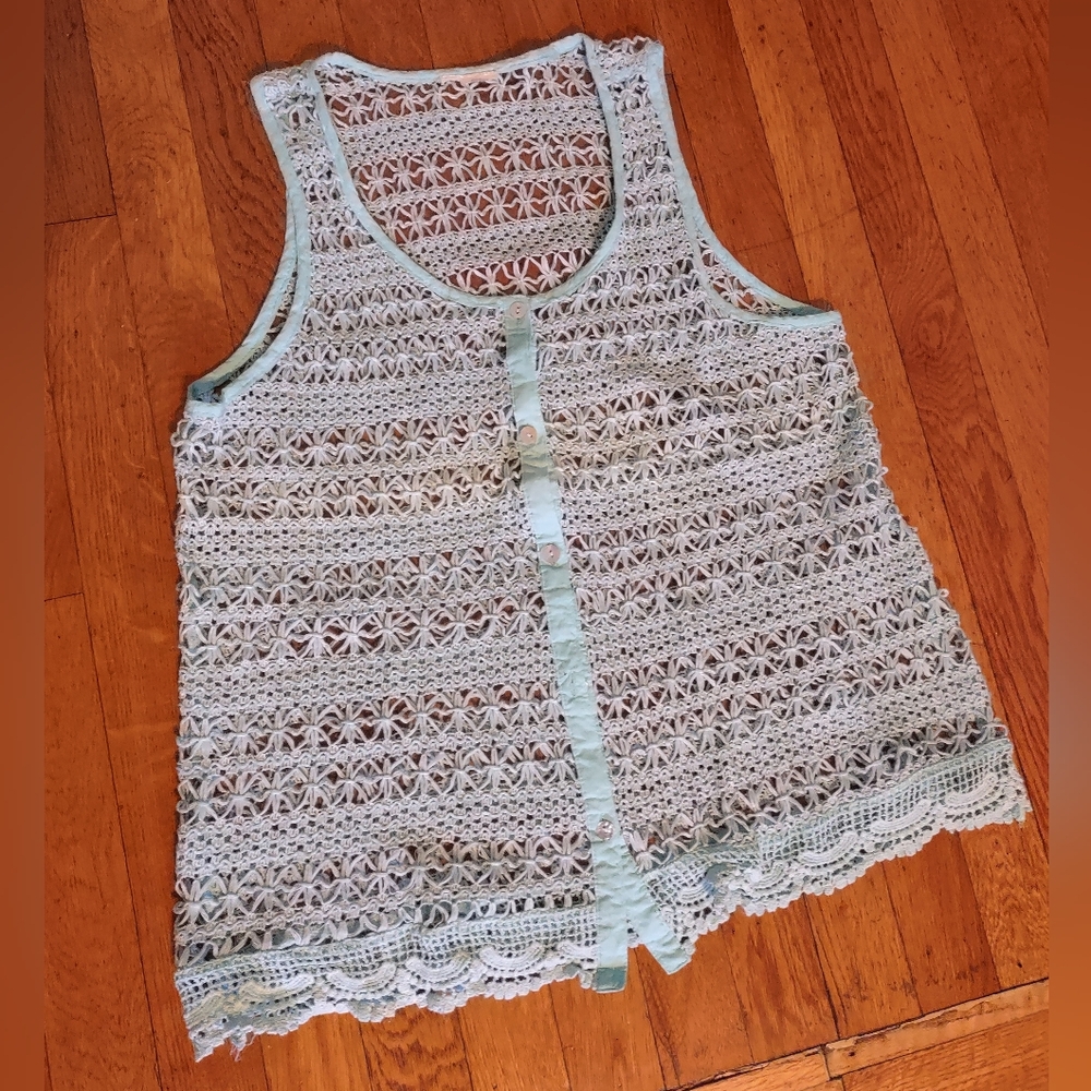 turquoise button up knitted lacy tank top no tag